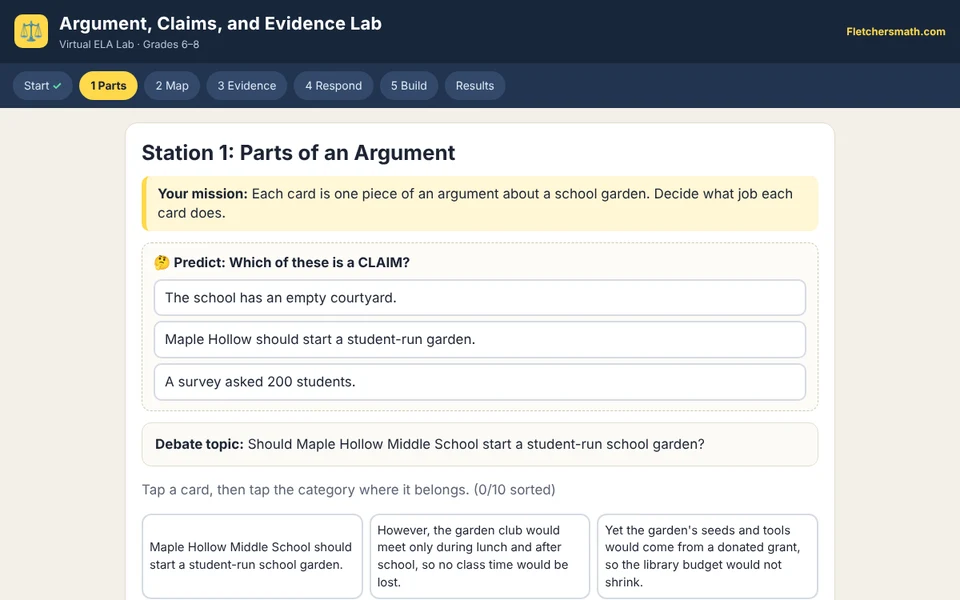 Screenshot of Argument, Claims, and Evidence Lab