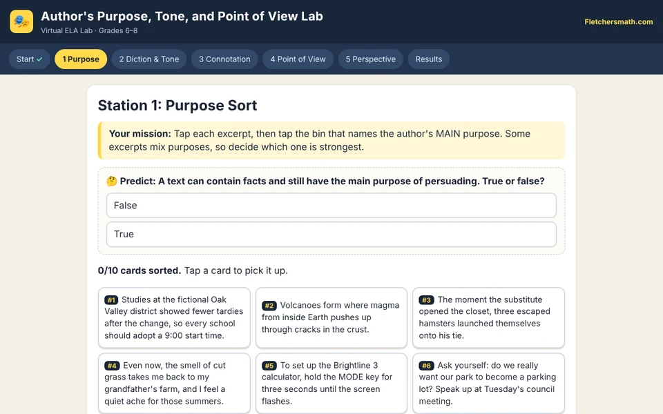 Screenshot of Author's Purpose, Tone, and Point of View Lab
