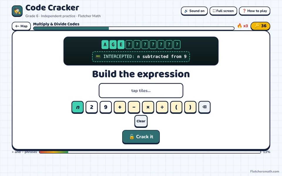 Screenshot of Code Cracker, a single-player math practice game