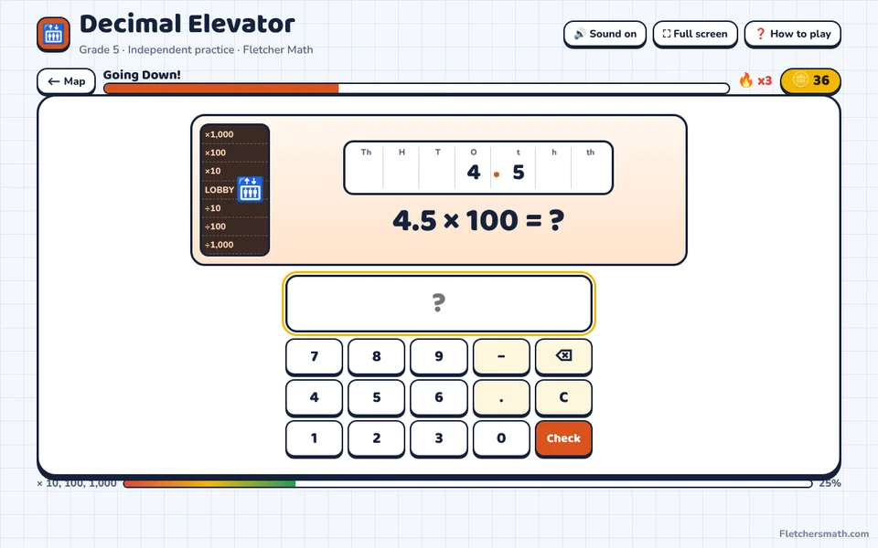Screenshot of Decimal Elevator, a single-player math practice game