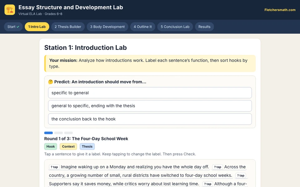Screenshot of Essay Structure and Development Lab