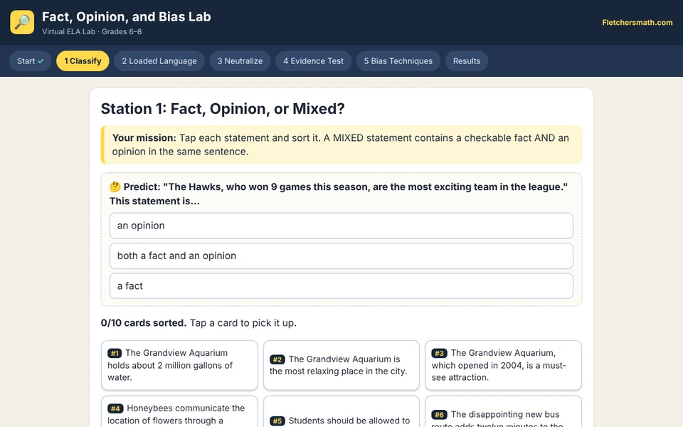 Screenshot of Fact, Opinion, and Bias Lab