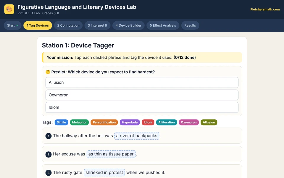 Screenshot of Figurative Language and Literary Devices Lab