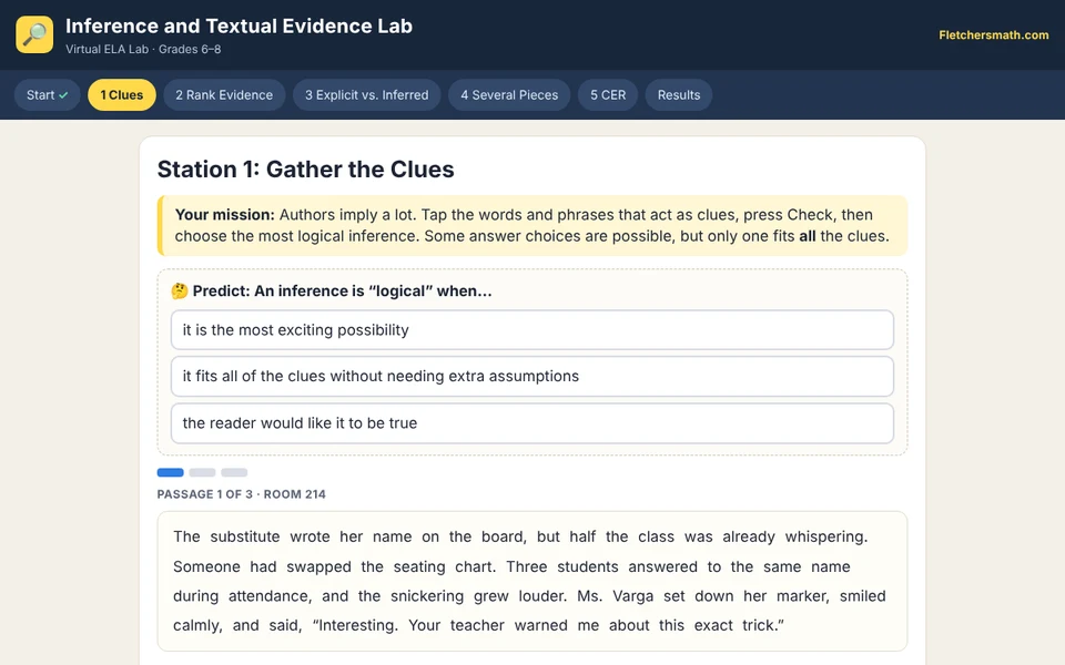 Screenshot of Inference and Textual Evidence Lab