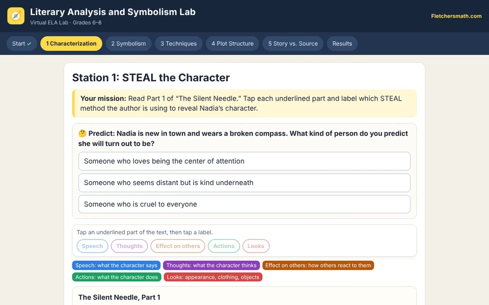 Screenshot of Literary Analysis and Symbolism Lab