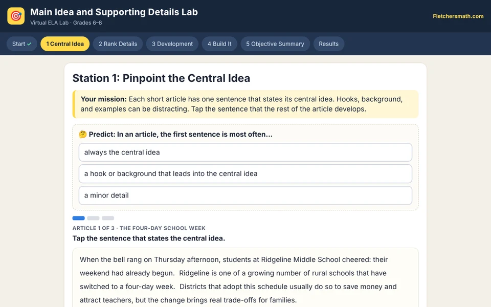 Screenshot of Main Idea and Supporting Details Lab