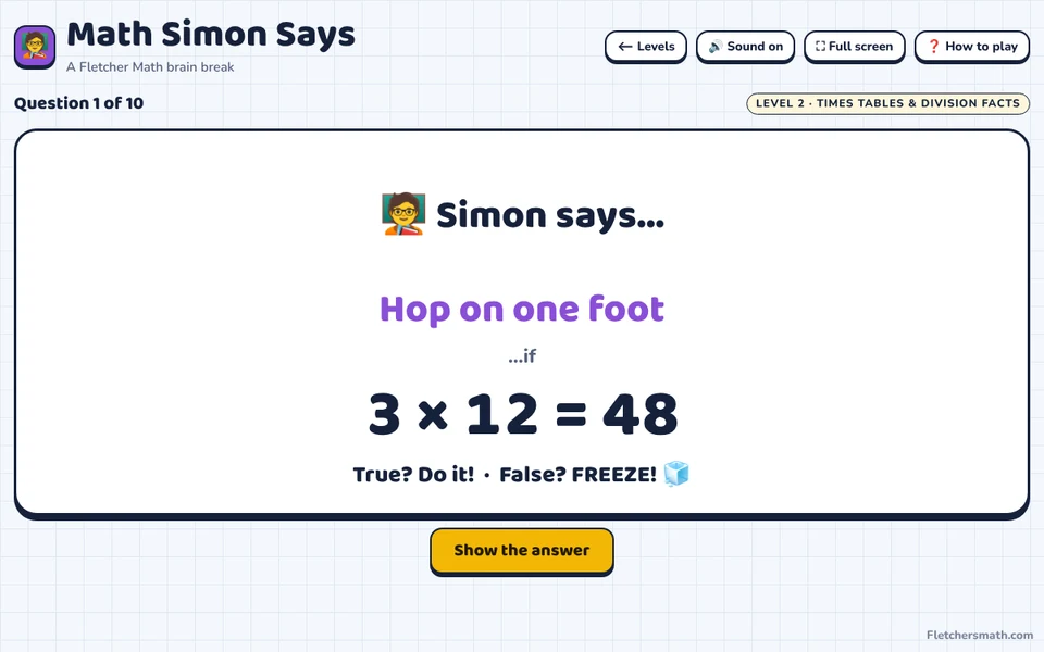 Screenshot of Math Simon Says