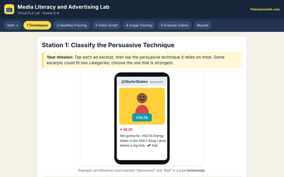 Screenshot of Media Literacy and Advertising Lab
