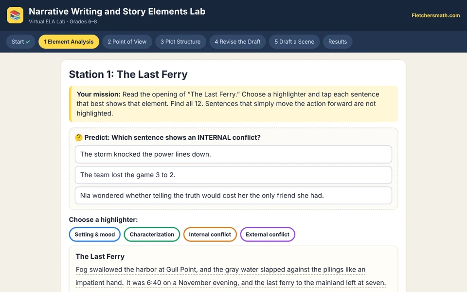 Screenshot of Narrative Writing and Story Elements Lab
