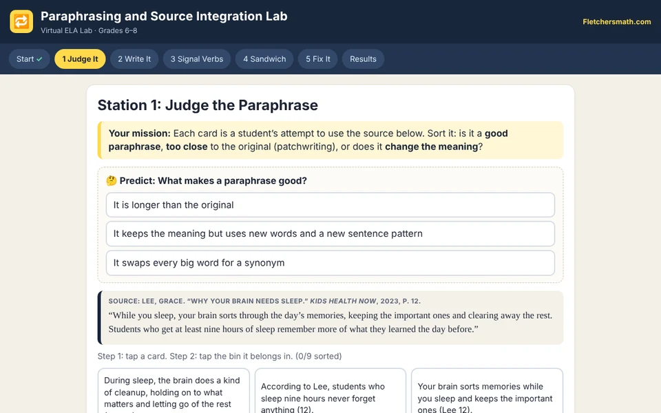 Screenshot of Paraphrasing and Source Integration Lab