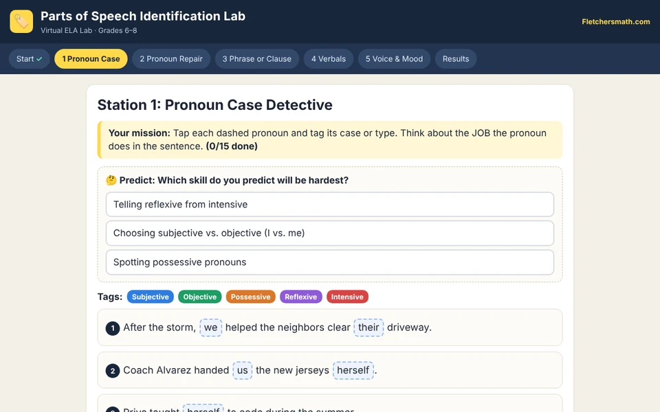 Screenshot of Parts of Speech Identification Lab