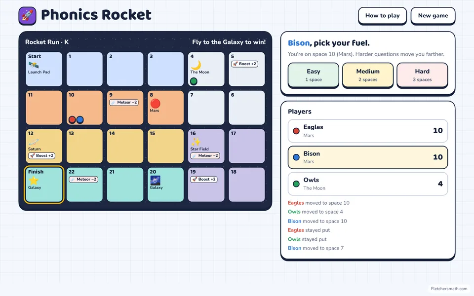 Screenshot of Phonics Rocket in the middle of a game