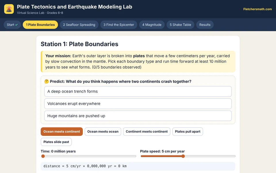 Screenshot of Plate Tectonics and Earthquake Modeling Lab