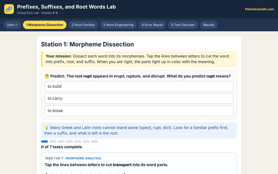 Screenshot of Prefixes, Suffixes, and Root Words Lab