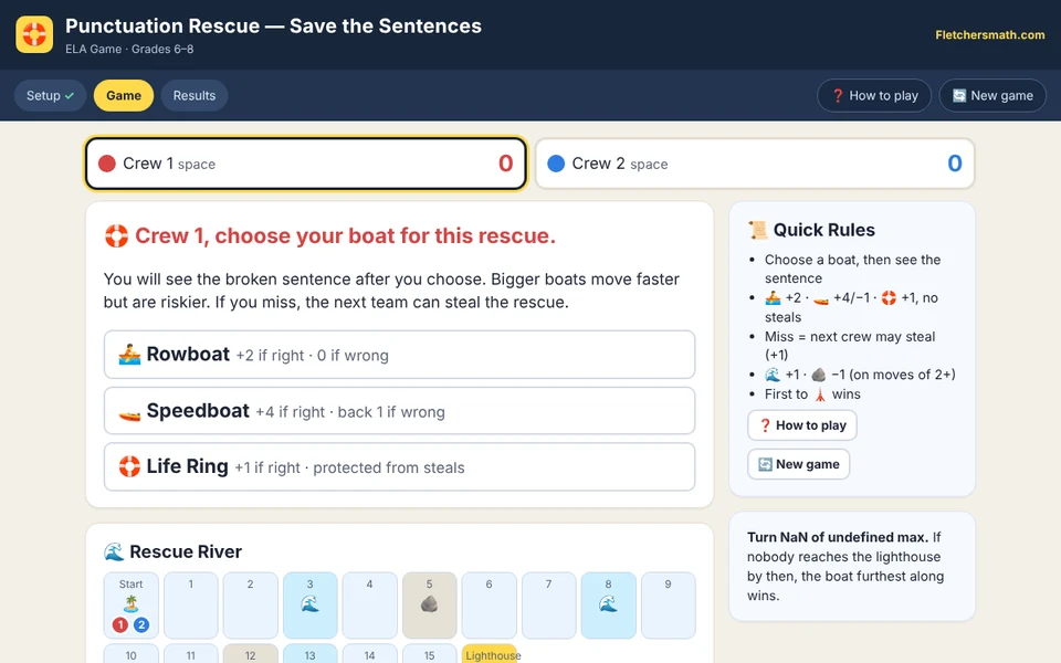 Screenshot of Punctuation Rescue — Save the Sentences
