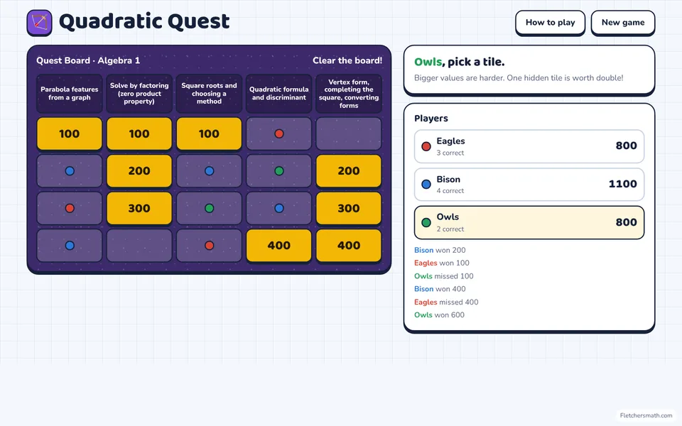Screenshot of Quadratic Quest in the middle of a game