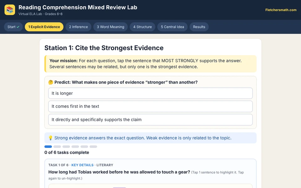 Screenshot of Reading Comprehension Mixed Review Lab