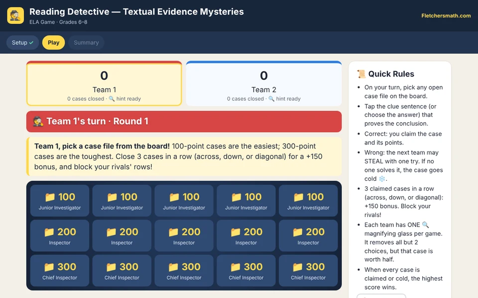 Screenshot of Reading Detective — Textual Evidence Mysteries