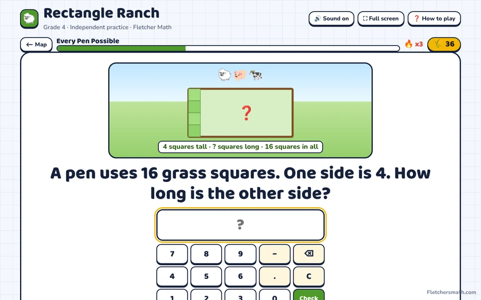 Screenshot of Rectangle Ranch, a single-player math practice game