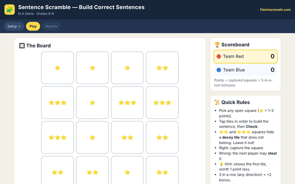 Screenshot of Sentence Scramble — Build Correct Sentences