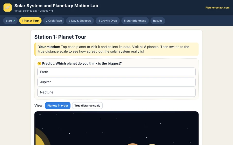 Screenshot of Solar System and Planetary Motion Lab