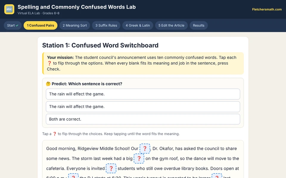 Screenshot of Spelling and Commonly Confused Words Lab