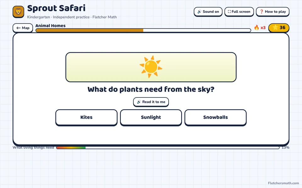 Screenshot of Sprout Safari, a single-player science practice game