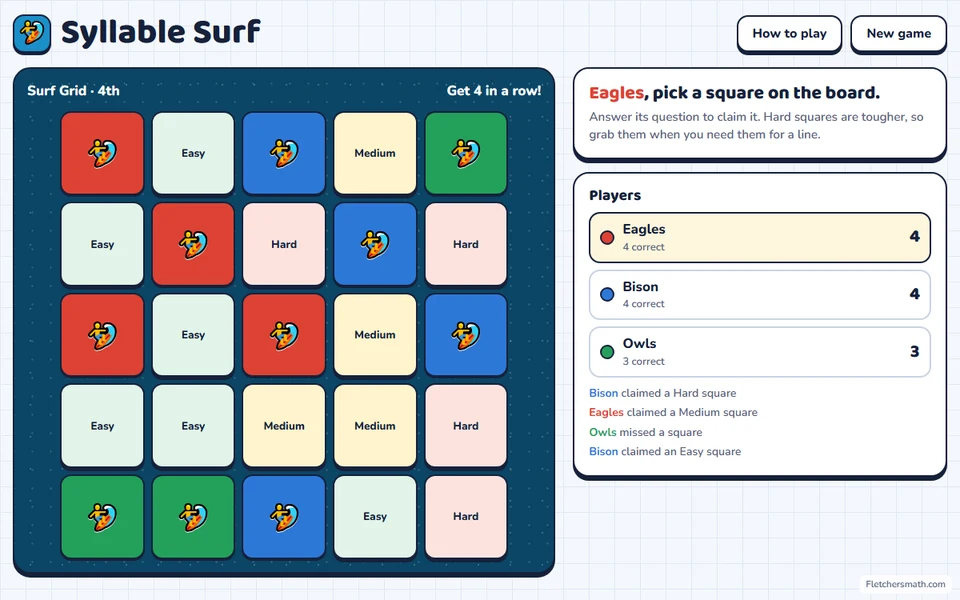 Screenshot of Syllable Surf in the middle of a game