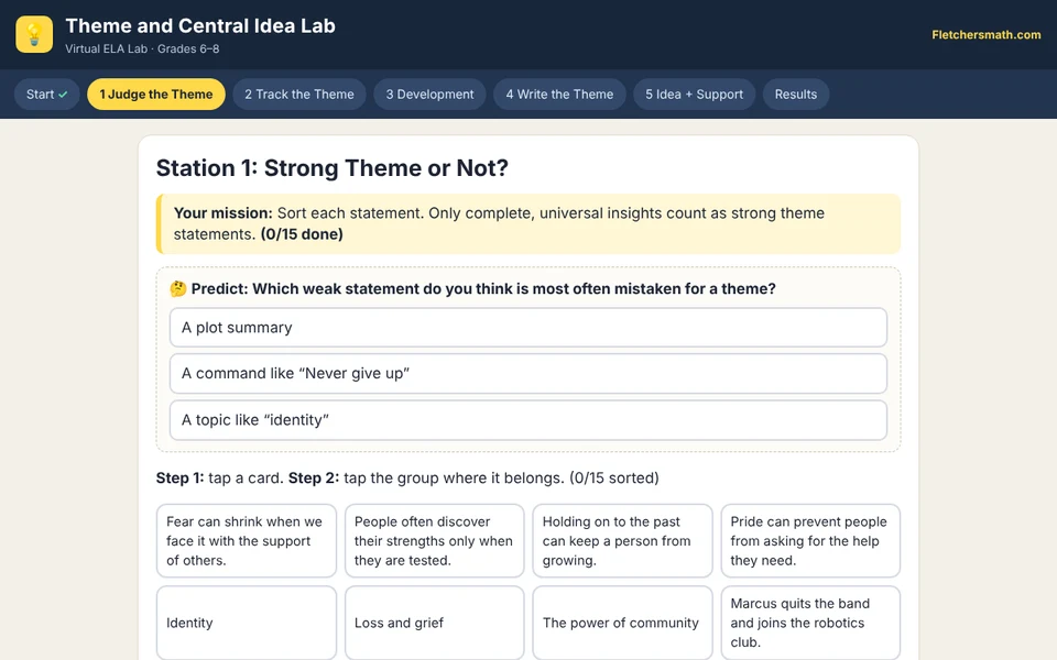 Screenshot of Theme and Central Idea Lab