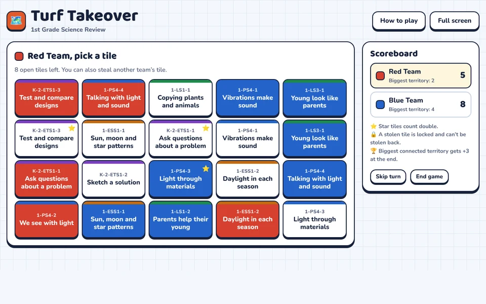Screenshot of Turf Takeover: 1st Grade Science Review