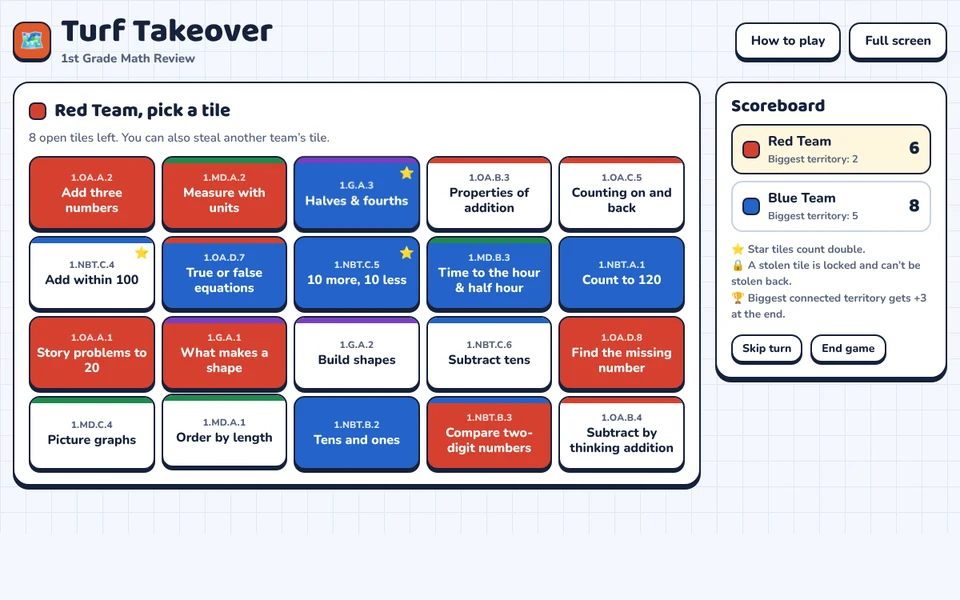Screenshot of Turf Takeover: 1st Grade Math Review
