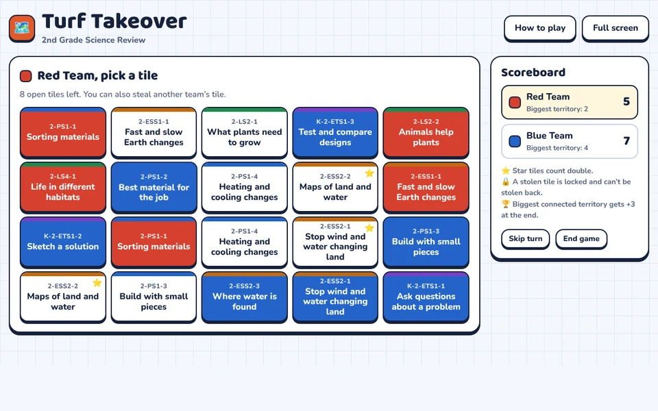 Screenshot of Turf Takeover: 2nd Grade Science Review