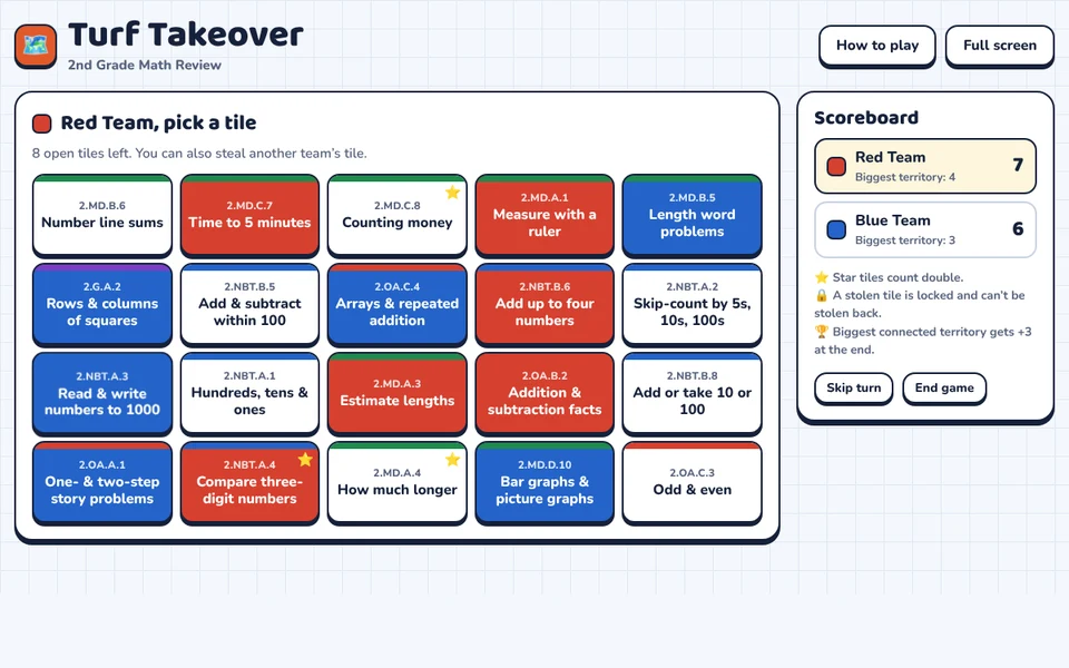 Screenshot of Turf Takeover: 2nd Grade Math Review