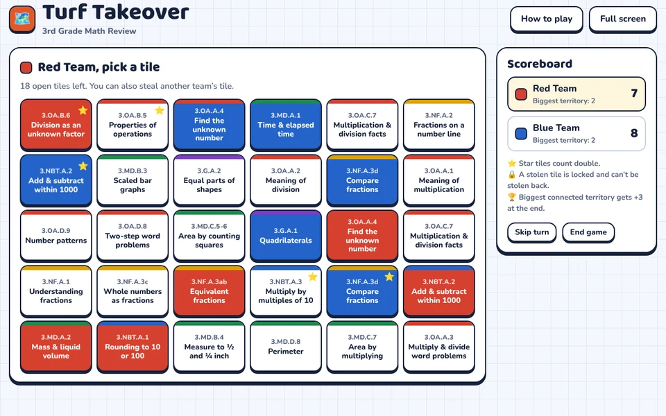 Screenshot of Turf Takeover: 3rd Grade Math Review