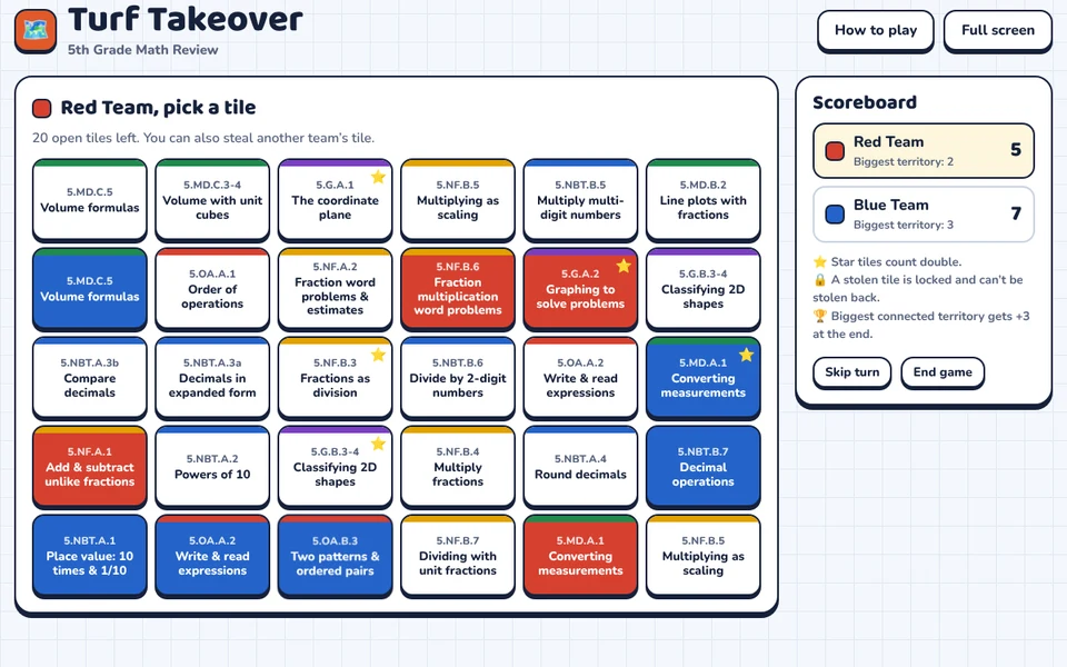 Screenshot of Turf Takeover: 5th Grade Math Review