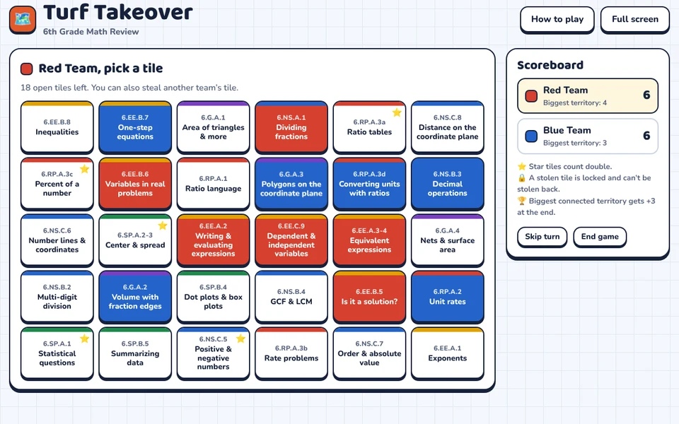 Screenshot of Turf Takeover: 6th Grade Math Review