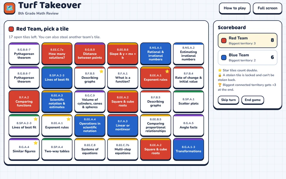 Screenshot of Turf Takeover: 8th Grade Math Review
