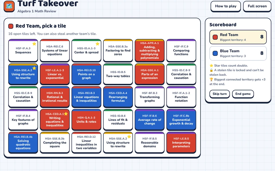 Screenshot of Turf Takeover: Algebra 1 Math Review