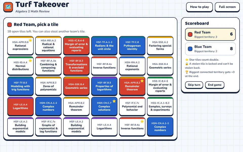 Screenshot of Turf Takeover: Algebra 2 Math Review