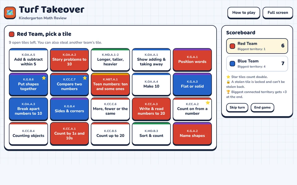 Screenshot of Turf Takeover: Kindergarten Math Review