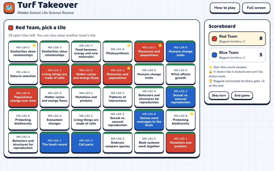 Screenshot of Turf Takeover: Middle School Life Science Review