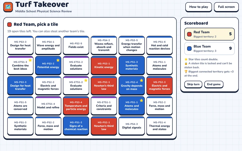 Screenshot of Turf Takeover: Middle School Physical Science Review