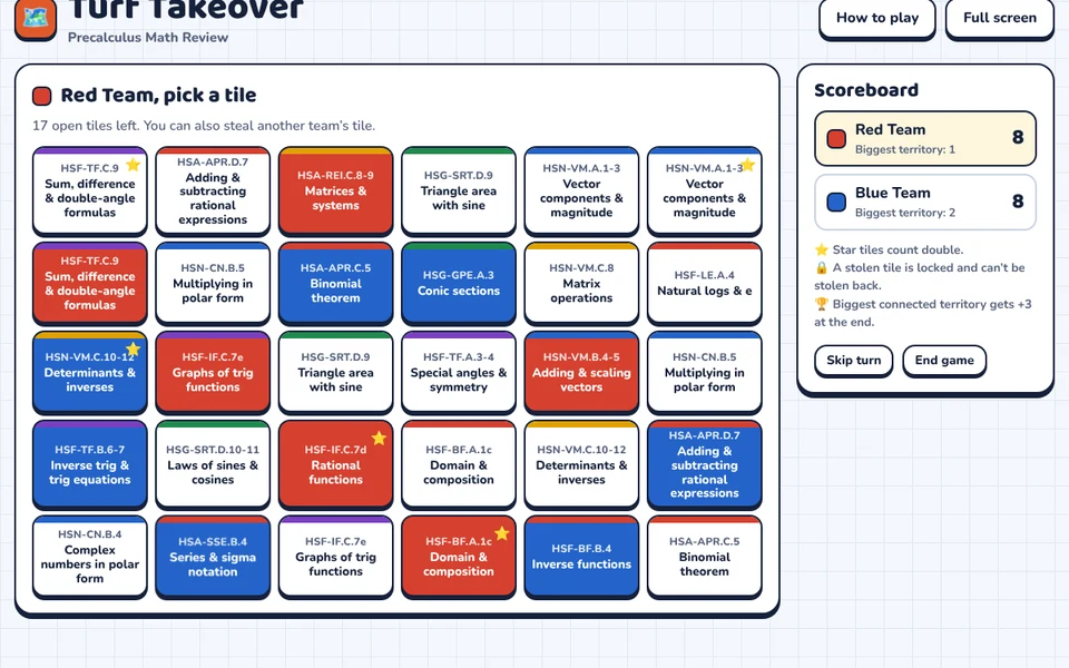 Screenshot of Turf Takeover: Precalculus Math Review