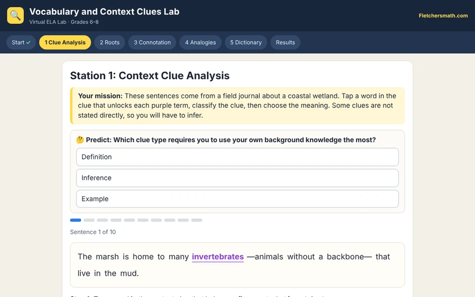 Screenshot of Vocabulary and Context Clues Lab