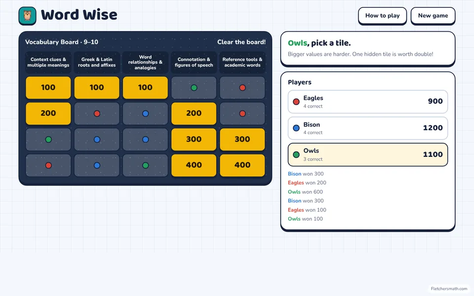 Screenshot of Word Wise in the middle of a game