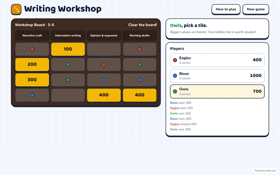 Screenshot of Writing Workshop in the middle of a game
